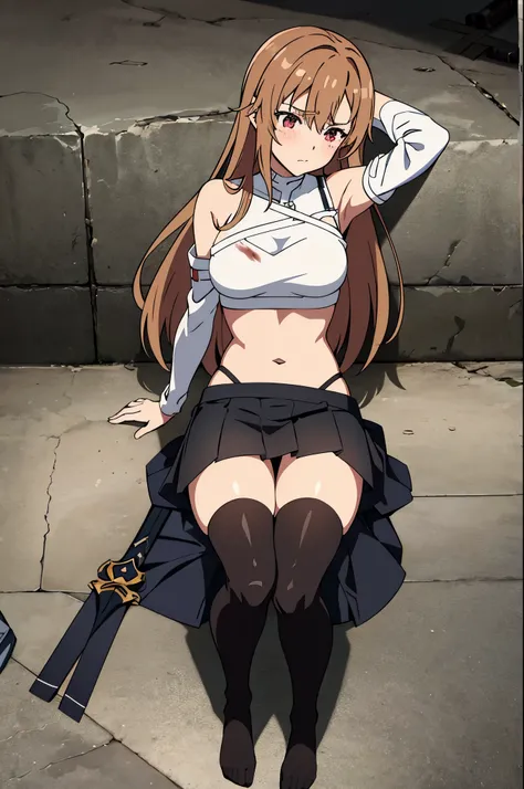 1woman, brunette hair, sword art online asuna face, hair covering right eye, blushing, ripped up spaggethi strap crop top, pleated black ripped skirt, detaily ripped off black tigh-highs, her thigh-highs being shrdedded, getting her clothes ripped to shred...