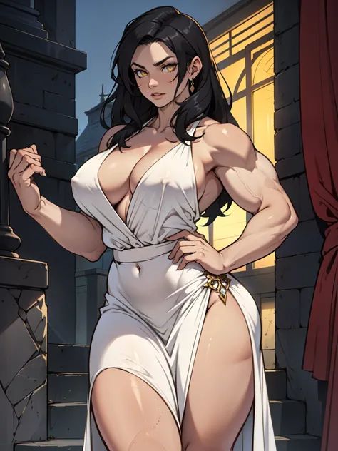 girl muscular toned body perfect anatomy large breasts thick thighs athletic black hair yellow eyes pale skin girl muscular toned body perfect anatomy large breasts thick thighs athletic evening gown evening gown solo solo