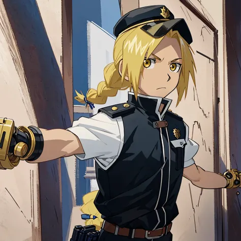 masterpiece, best quality, wallpaper,  police, police cap, 1boy, solo, male focus, looking at viewer, , , , realistic, edward_elric, blonde hair, yellow eyes, braid, single braid, braided ponytail, single mechanical arm, , , , 32k resolution, police cap, p...