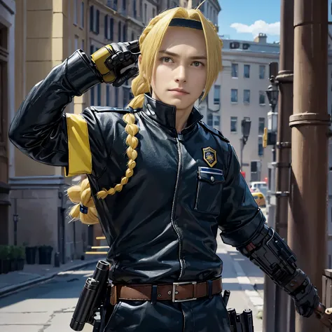 masterpiece, best quality, wallpaper,  police, police cap, 1boy, solo, male focus, looking at viewer, , , , realistic, edward_elric, blonde hair, yellow eyes, braid, single braid, braided ponytail, single mechanical arm, , , , 32k resolution, police cap, p...