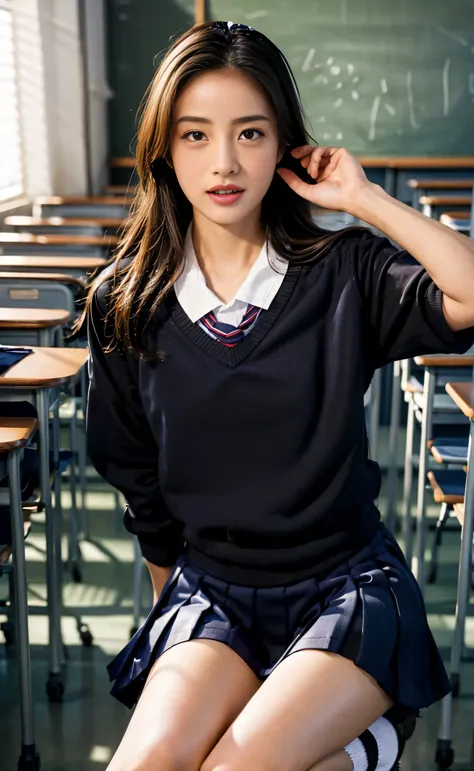 ​masterpiece, hi-school girl, (School Uniforms:1.5), (Extremely beautiful face, slender), Navy Sox, Sit down and open your crotch, (Bright school classroom:1.2), lookin at viewer, Realistic, full body, (Spread the pubic area with your fingers:0.5), RAW, Ex...