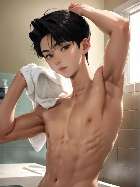 Highres, Masterpiece, Best quality at best,Best Quality,hight quality, hight detailed, Boy, 14-Year-Old-Boy, shirtless, Take a bath, Bathroom, (Showing armpit:1.3)