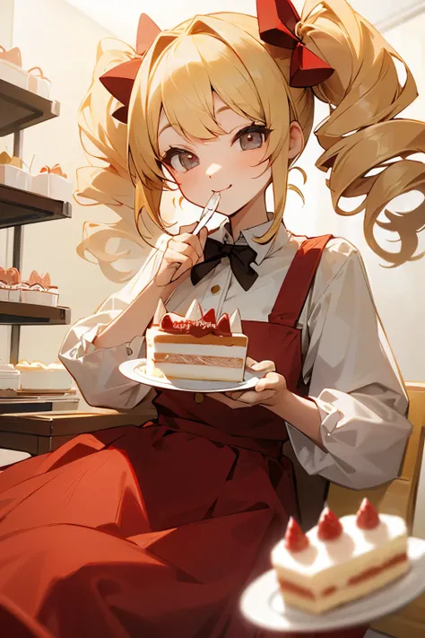 Blonde girl、Curly twin tails、a smile、RED dress、Eating cake