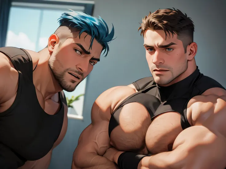 Two characters, both facing each other, in fighting stances Dojo Background, First charactera is a giant massive muscular young man with cyan blue hair in a undercut hair and tanktop and cargo pants outfit, has a Short Trimmed beard, badass has a serious e...