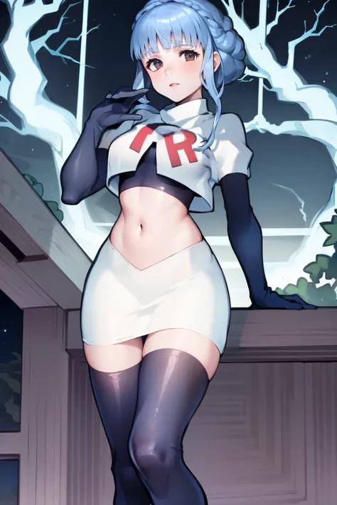 marianne von edmund, team rocket uniform, red letter R, white skirt,white crop top,black thigh-high boots, black elbow gloves, looking at viewer, cowboy shot, sexy pose , night sky background