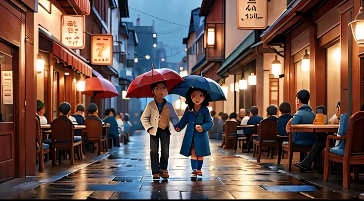 An animation of a rainy day, with gentle raindrops falling and creating puddles, while people walk by with umbrellas and seek shelter in cafes and shops.