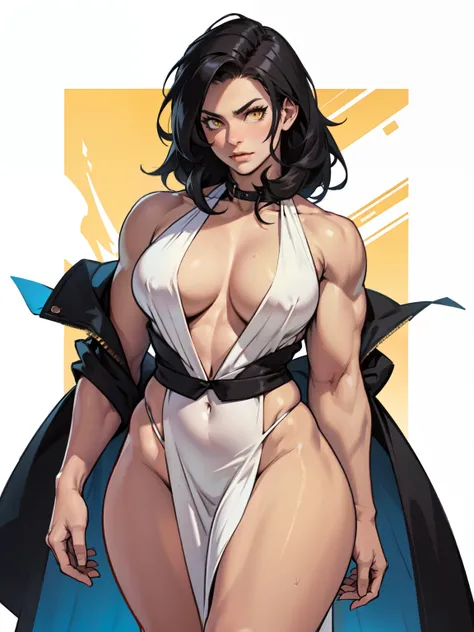 girl muscular toned body perfect anatomy large breasts thick thighs athletic black hair yellow eyes pale skin girl muscular toned body perfect anatomy large breasts thick thighs athletic evening gown evening gown