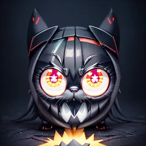 there is a black cat With glowing eyes and a crescent on its face, Metal cat ears and glowing eyes, metal and glowing eyes, evil smile and glowing eyes, With glowing eyes, Eyes that glow white, Cute 3 d render, large glowing eyes, Glowing eyes and mouth, a...