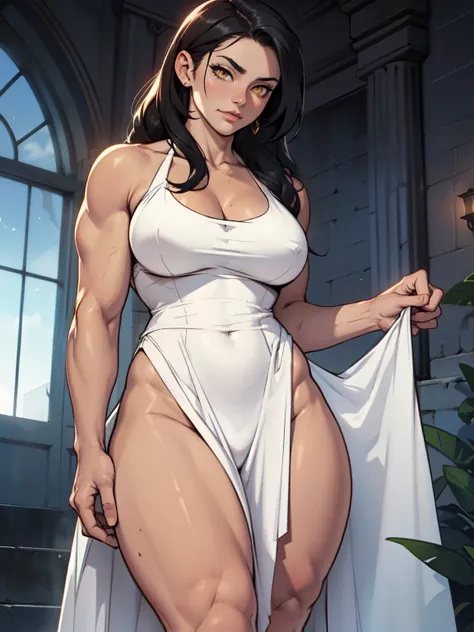 girl muscular toned body perfect anatomy large breasts thick thighs athletic black hair yellow eyes pale skin girl muscular toned body perfect anatomy large breasts thick thighs athletic evening gown evening gown