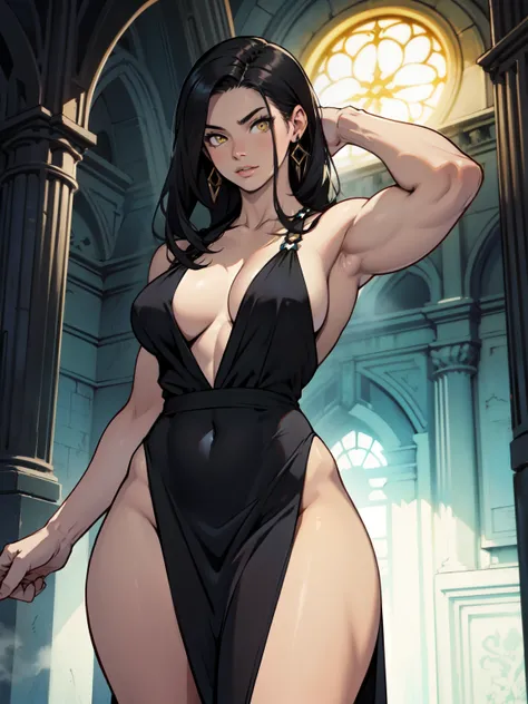 girl muscular toned body perfect anatomy large breasts thick thighs athletic black hair yellow eyes pale skin girl muscular toned body perfect anatomy large breasts thick thighs athletic evening gown evening gown