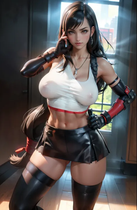 (8k, best quality, masterpiece:1.2), (realistic, photo-realistic), ultra-detailed, 1 girl,cute, solo, (tifa lockhart), (large breasts), neon lights, cityscape, depth of field, sharp focus, single elbow pad, ankle boots, black hair, black thighhighs, red bo...