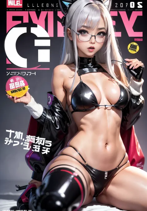 Nurse Cap、Biting shiny colorful ultra micro bikini、zippers、Latex Super Mini Skirt、Latex High Heels、、Staggered black-rimmed glasseULL BODYSHOT)、Glossy skin、,(20yr old）、sexy facial expression、skinny body shape、large boob、Japan Idol Hairstyles、(magazine:1.3),...