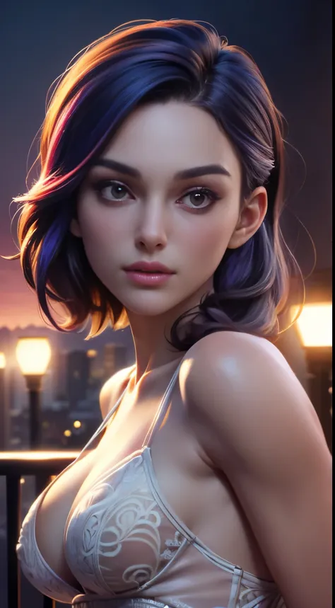 photo of movie star, RAW, beautiful woman, ((portrait)), ((detailed face:1.2)), (colorful rainbow hair:1.1), ((detailed facial feature, detailed skin, clear skin), (perfect proportioned body, medium breasts, poking nipples), arched back (wearing an elabora...
