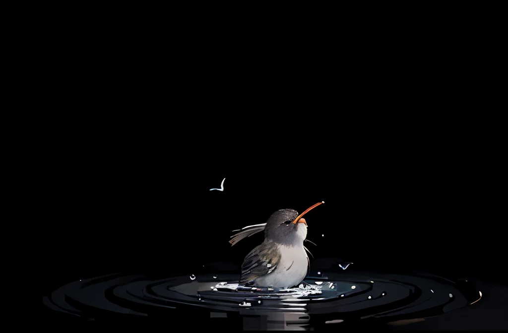 masterpiece, macro photograph of a tiny bird drinking water in a forest, dusk, mushrooms, dewdrops, high contrast, studio ghibli style, highly intricate, highly detailed, photorealism style