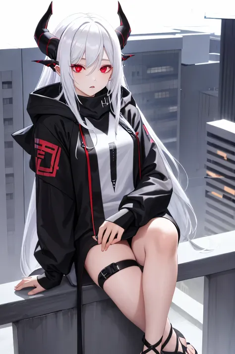 girl sitting on a ledge, 1 girl, white hair, oversized black hoodie, cyber daemon, loli, cyberpunk, ((cyber horns)), red eyes, cyberwear