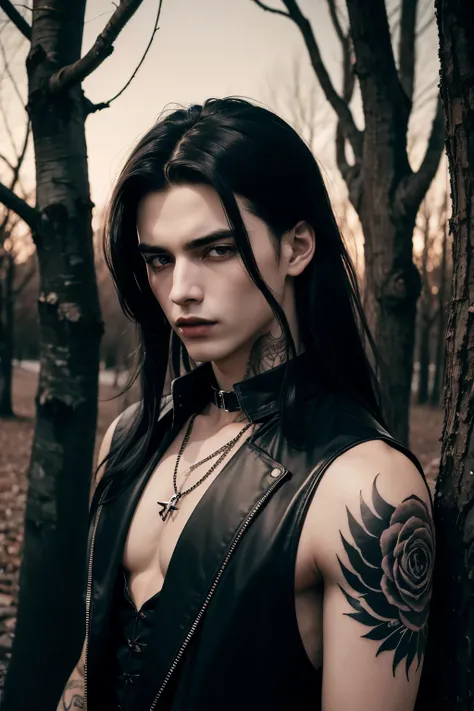 Gothic boy, 18 years old, shoulder-length black hair, blue eyes, black rock style clothes, on a background of leafless trees, sunset, gothic background, long hair, tattoos, gothic make yo, vampire fangs