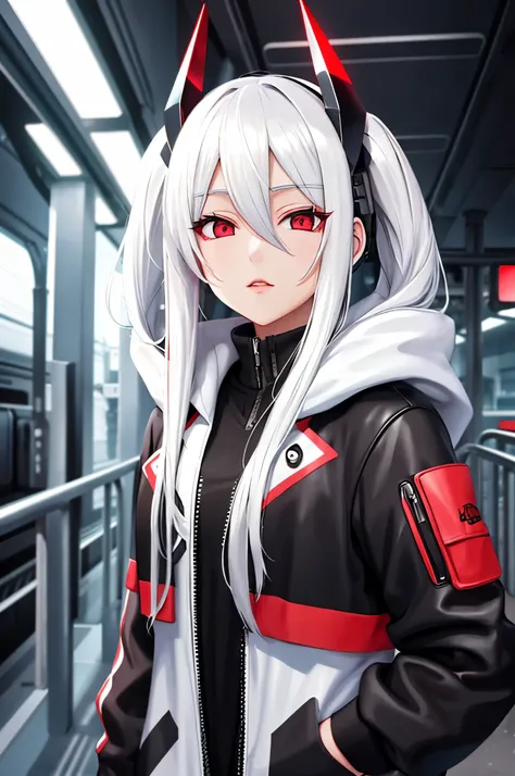 standing in front of a train, 1 girl, white hair, oversized black hoodie, cyber daemon, loli, cyberpunk, ((cyber horns)), red eyes, cyberwear