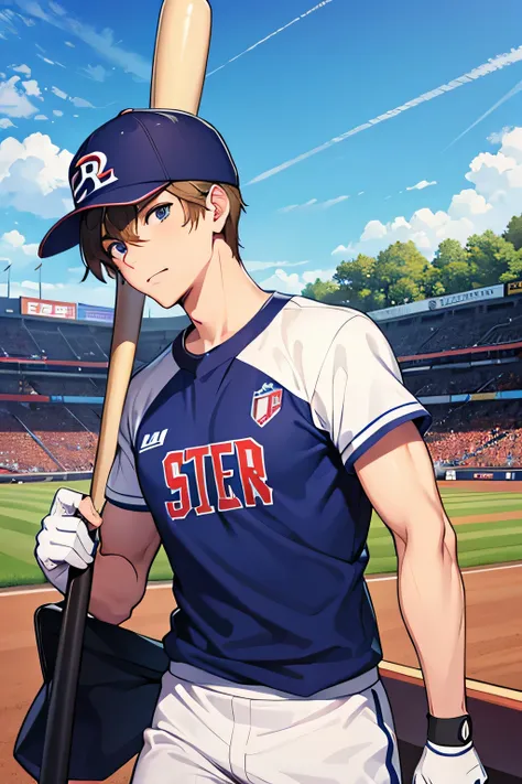 British school male baseball player holding baseball bat