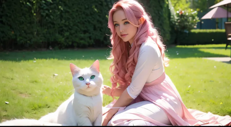 Woman, long curly hair, pink hair, blue eyes, elf, sitting on the lawn, white cat next to her, 1 cat