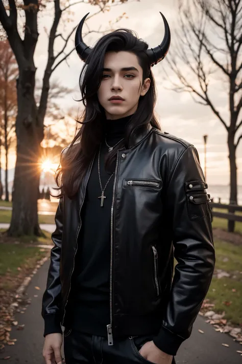 Gothic boy, 18 years old,  red eyes, black rock style clothes, on a background of leafless trees, sunset, gothic background, long hair, tattoos, gothic make yo, vampire fangs, red hair, motorcicle, horns