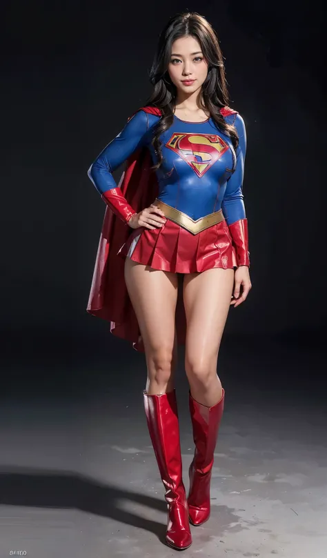 No background、Are sleeping、lying back on、(((Wear black tights on your beautiful legs.)))、(((Grow legs、tall、Legally express the beauty of your smile)))、((((Make the most of the original image)))、(((Supergirl Costume)))、(((beautiful hairl)))、(((Suffering)))、...