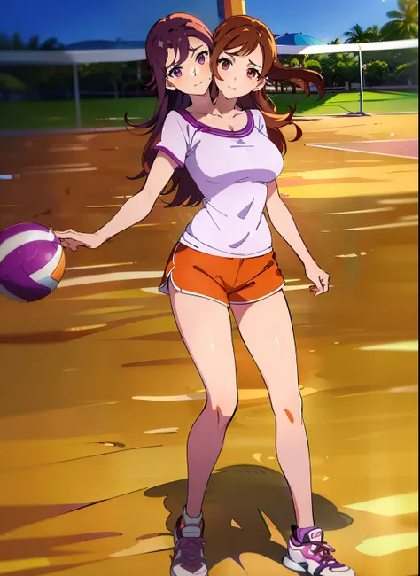 best quality, (masterpiece),(ultra-detailed), (high quality), (high resolution), (2heads:1.5), ((brown hair)), purple hair color, ((white sports shirt )), orange dress, playing beach volleyball, ((orange shorts )), sexy woman, medium breast, lustrous body,...