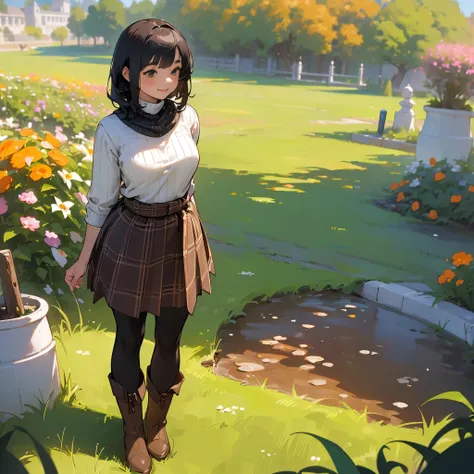 (High quality, High resolution, Ultra-detailed, Realistic:1.37), peaceful ambiance, (plein air, garden), Teenage girl standing alone, (My breasts are big.), Beautiful detailed features, Cute smile, (Black bob hair), Ribbed sweater, Orange Plaid Skirt, Blac...