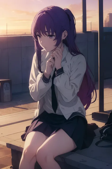 ((((Obra maestra, La mejor calidad, ultrahigh resolution)))), ((perfect anatomy)), 1girl, long hair, purple hair, sitting on floor, w legs, school uniform, concrete, ((outside)), steps, evening sunlight, sunset, professional photography, looking at viewer