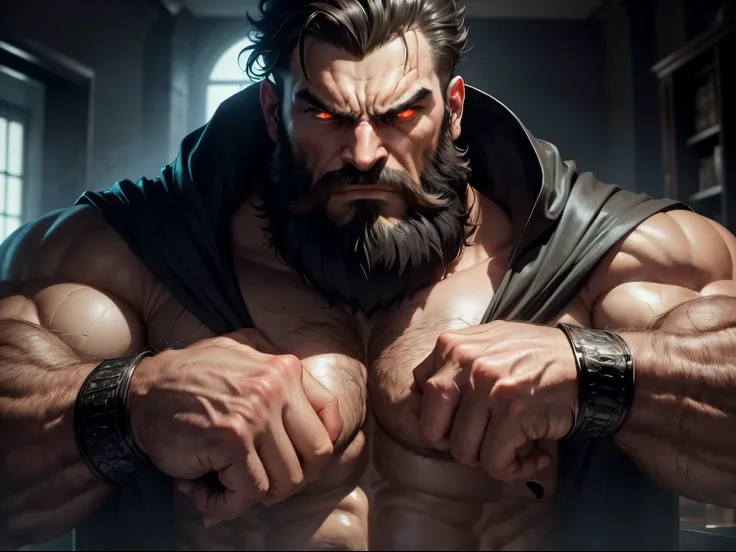 (best quality,ultra-detailed,realistic:1.37),colossal,giant bearded muscle man,imposing,macrophilia,looking down at me with an angry evil face,thick bushy beard,intense gaze,mountainous biceps,hulking frame,rippling muscles,dominant presence,enormous hands...