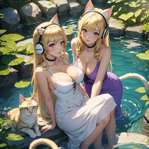 Masterpiece, best quality, (((White Headphone))), (((Blonde))), (((Korean))), (((Cat Girl))), purple dress, cleavage, (((Beautiful face))), pond,