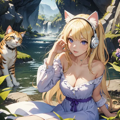 Masterpiece, best quality, (((White Headphone))), (((Blonde))), (((Korean))), (((Cat Girl))), purple dress, cleavage, (((Beautiful face))), pond,