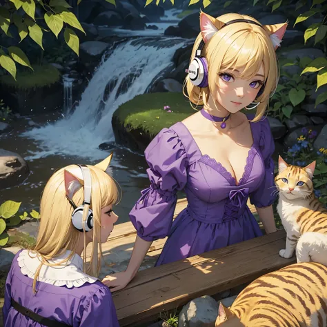 Masterpiece, best quality, (((White Headphone))), (((Blonde))), (((Korean))), (((Cat Girl))), (((purple dress))), cleavage, (((Beautiful face))), pond,