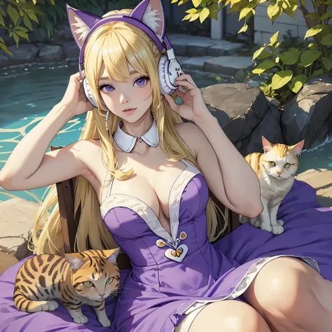 Masterpiece, best quality, (((White Headphone))), (((Blonde))), (((Korean))), (((Cat Girl))), (((purple dress))), cleavage, (((Beautiful face))), pond,