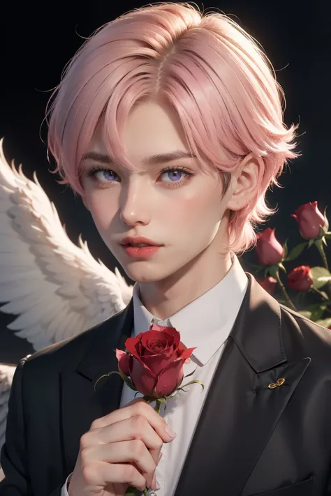 Cute, handsome boy, 18 years old, short light pink hair, 2 big white wings, on a gothic cathedral background, with a red rose in his hand, red lips, lilac eyes, male