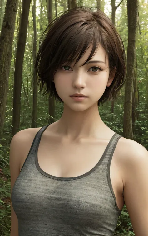 (realistic pictures of cute girls), tank top, forest, short hair