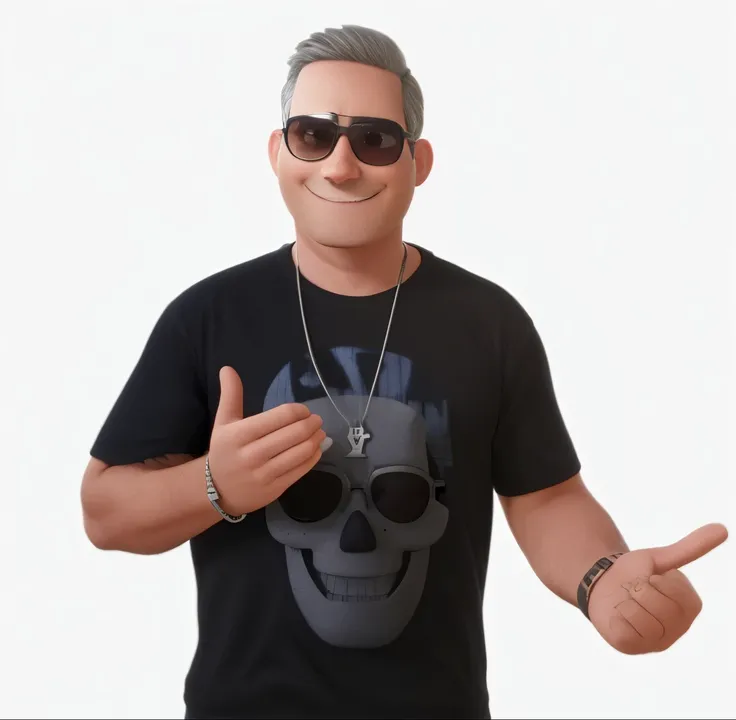 Homem branco, estilo Pixar 3D, wearing rectangular sunglasses on his face, com um sorriso no rosto, usando camisa preta, com uma caveira, e um crusifixo