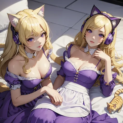 Masterpiece, best quality, (((White Headphone))), (((Blonde))), (((Korean))), (((Cat Girl))), (((purple dress))), cleavage, (((Beautiful face))), pond,