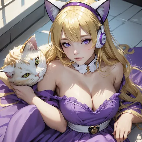 Masterpiece, best quality, (((White Headphone))), (((Blonde))), (((Korean))), (((Cat Girl))), (((purple dress))), cleavage, (((Beautiful face))), pond,