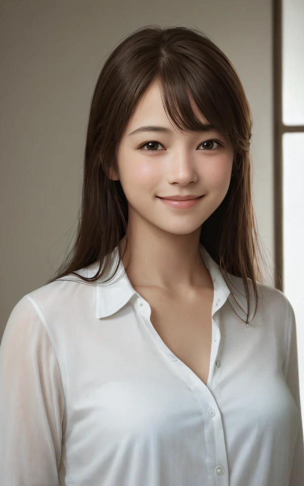 (Realistic photo of cute girl), white blouse, little smile