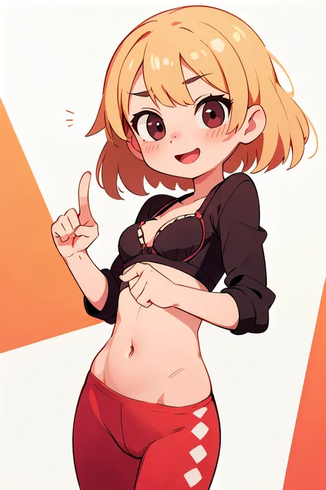 masterpiece, 4k, detailed, extreme detailed, hd, cowboy shot, blonde hair, medium blonde hair, navel, navel shown, short, medium breasts, cleavage, loli, young, legs exposed, thin waist, small frame, red, blushing, heavy blushing, pants, leggings, bra, bla...