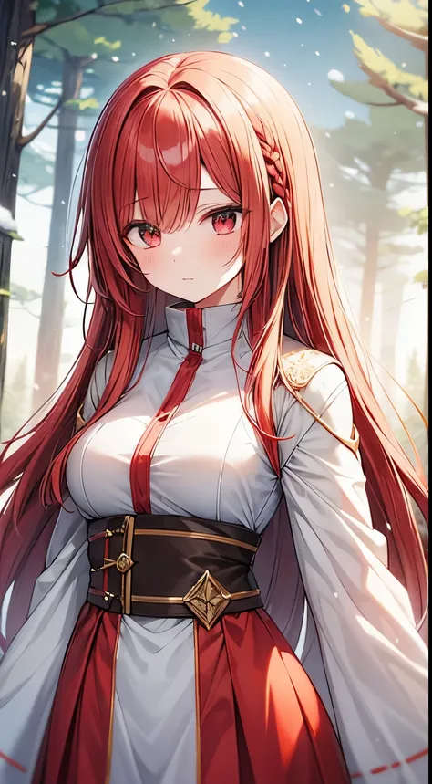 The huntress maiden, with fiery red tresses cascading down, roamed the wilderness clad in pristine white attire. Her vivid crimson hair seemed to catch the hues of the setting sun as she expertly navigated the dense forest. Adorned in garments that blended...