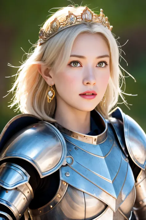 1girl, middle earth Paladin ,Wearing war armor ,enchanted sword and a powerful shield, detail armor, rusty armor, chainmail, queen tiara, fighting goblins to protect innocent villagers, Enchantress, Short, Thin, Square Face, Olive Skin, Platinum Blonde Hai...