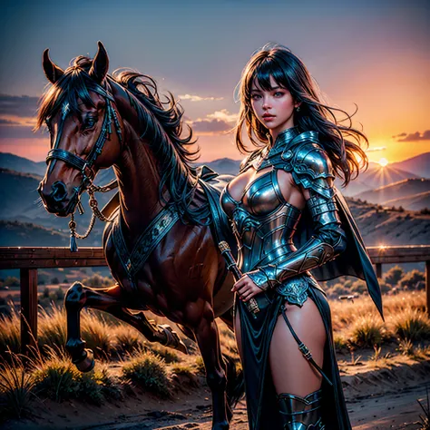 (masterpiece), (extremely intricate:1.2), (realistic), portrait of a girl with Spear and Black Horse Mustang, the most beautiful in the world, (medieval heavy armor plate), metal reflections, full body, outdoors, intense sunlight, far away castle, professi...