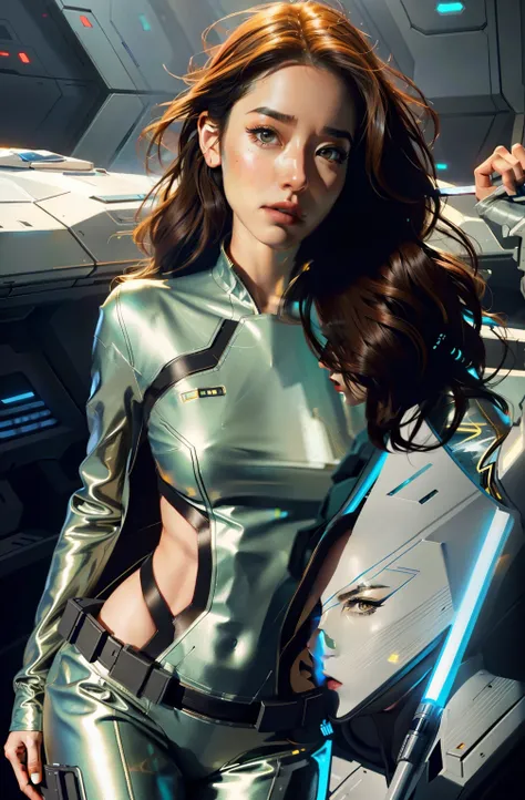 sexy woman in star wars costume posing in front of a spaceship, inspired by Marek Okon, alena aenami and artgerm, style of raymond swanland, wojtek fus, chris moore. artgerm, cutesexyrobutts, scifi woman, rossdraws digital painting, beautiful digital artwo...