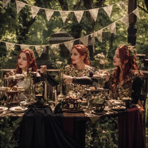 Three beautiful witches, with red hair, beautiful lips, flowing curly hair, wearing light flowered dresses, are sitting at a table full of cakes and sweets at a tea party, and in the background there is a surreal forest, a beautiful day, with a road of lan...