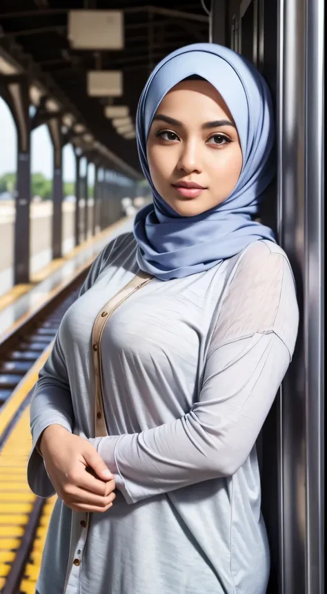 ( Close Up),RAW, Best quality, high resolution, masterpiece: 1.3), beautiful Malay woman in hijab,Masterpiece, perfect fit body, (big breast),big gorgeous eyes, Soft smile,thick thighs, beutifull face,woman in hijab standing in front of a train, white hija...