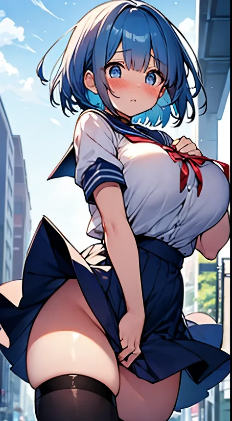 1womanl,Blue hair,Beautiful hands、In the street、Bustling street、Crowds、main street、Red ribbons ,((Surprised look)),Beautiful breasts,very Bigger breasts、Blue eyes、huge tit、a sailor suit,blue pleated skirt very short pleated skirt,well-styled,Slender thighs...