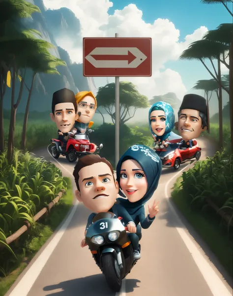 cartoon characters of people riding motorcycles down a road with a sign, Two married couples in the back driving a car, women wearing hijabs,caricature illustration, cartoon artstyle, realism artstyle, by Abidin Dino, cartoon art, cartoon style illustratio...