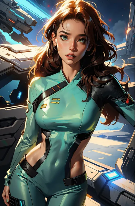 sexy woman in star wars costume posing in front of a spaceship, inspired by marek okon, alena aenami and artgerm, style of raymo...