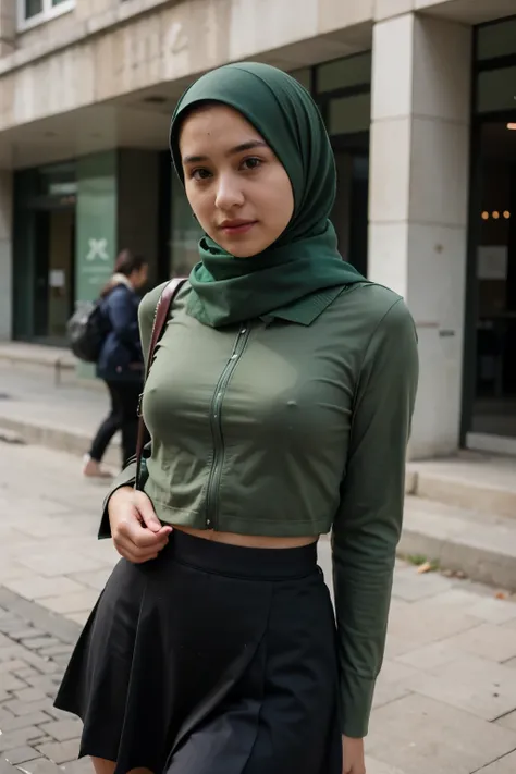 female student, wearing a green suit, black skirt and hijab